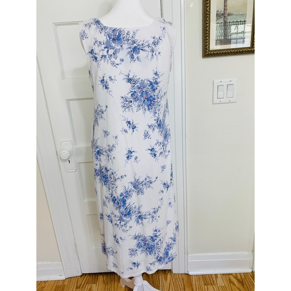 Aria Blue Floral 100% Cotton Jersey Chemise Nightgown S Sleeveless Pockets - Picture 10 of 16